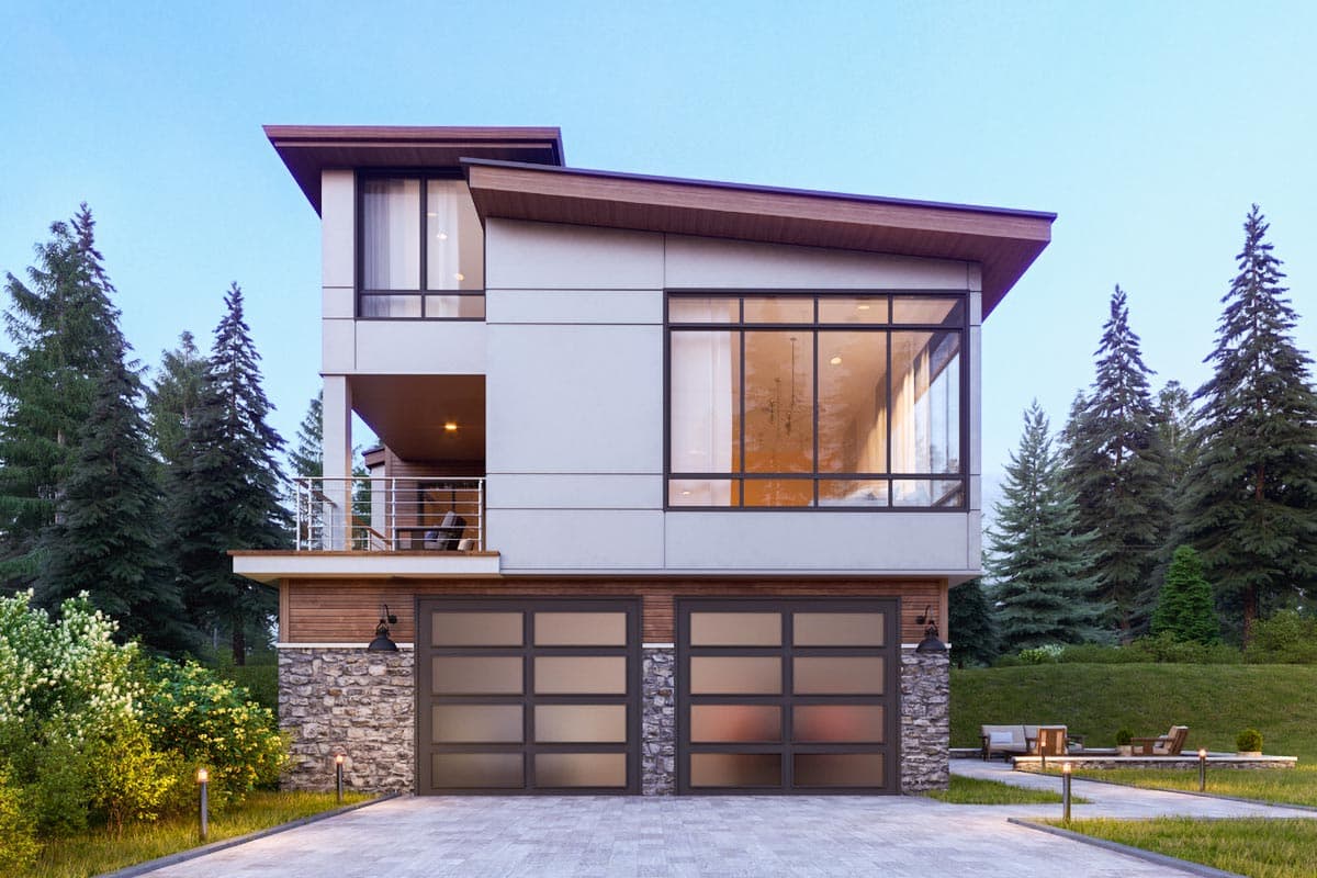Modern house plan exterior: two stories, cantilevered balcony, large windows, stone and wood facade, double garage with glass doors.