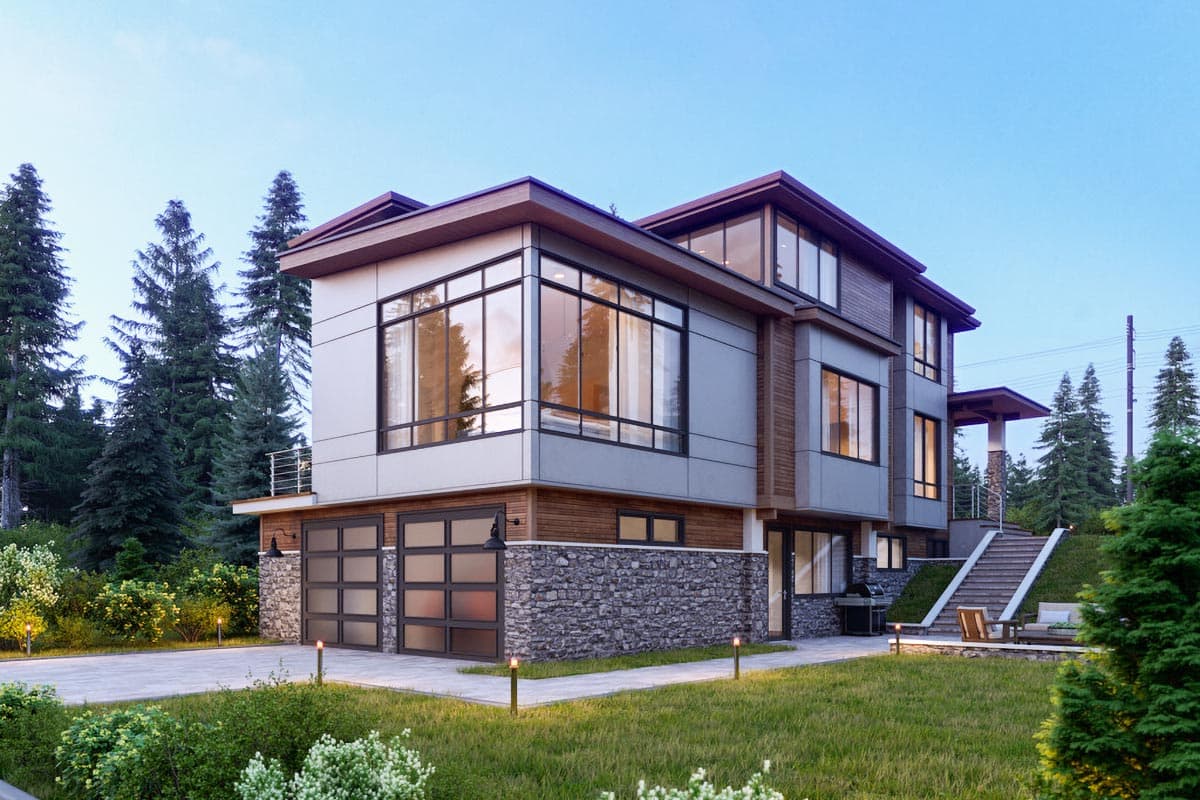 Modern house plan exterior with stone base, large windows, flat rooflines, and a two-car garage.