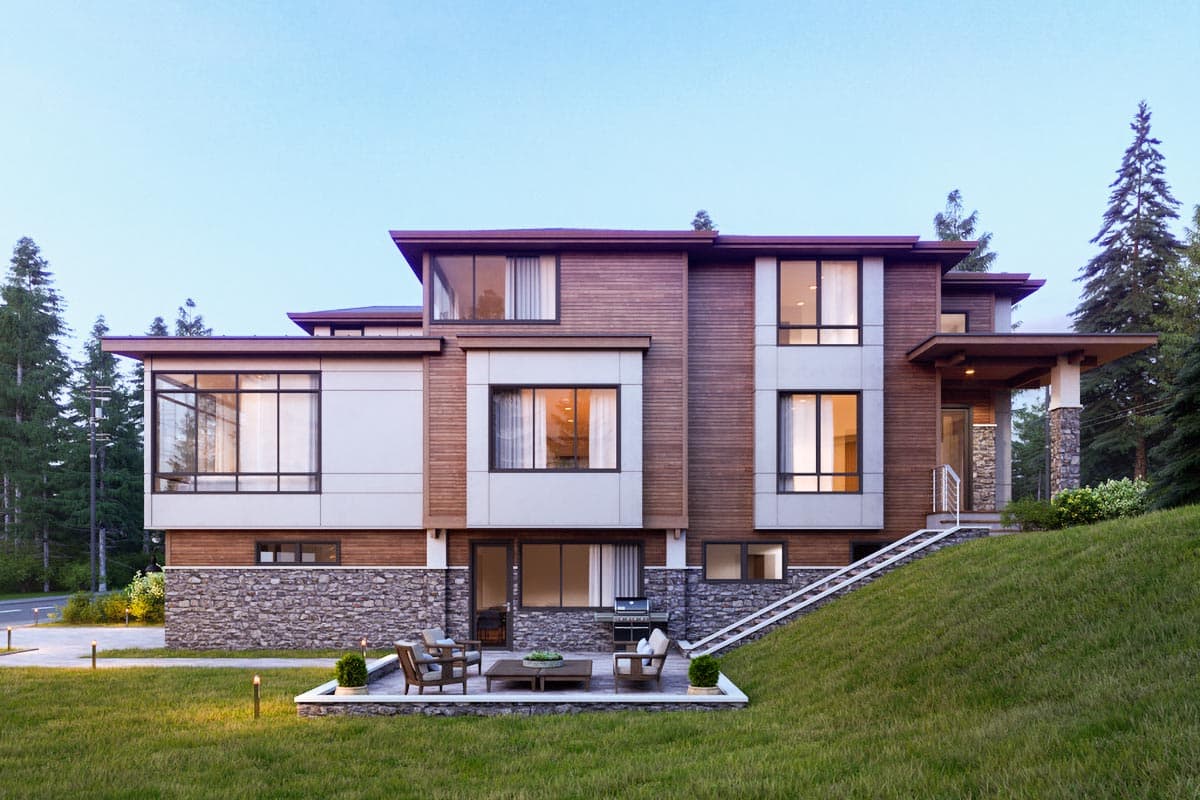Modern house plan exterior with wood siding, stone base, multiple gables, and large windows.