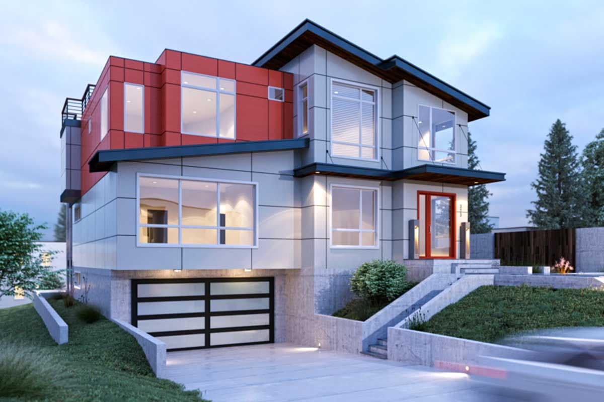 House plan exterior. Modern style, two-story home with flat and gabled rooflines, large windows, and a glass garage door.