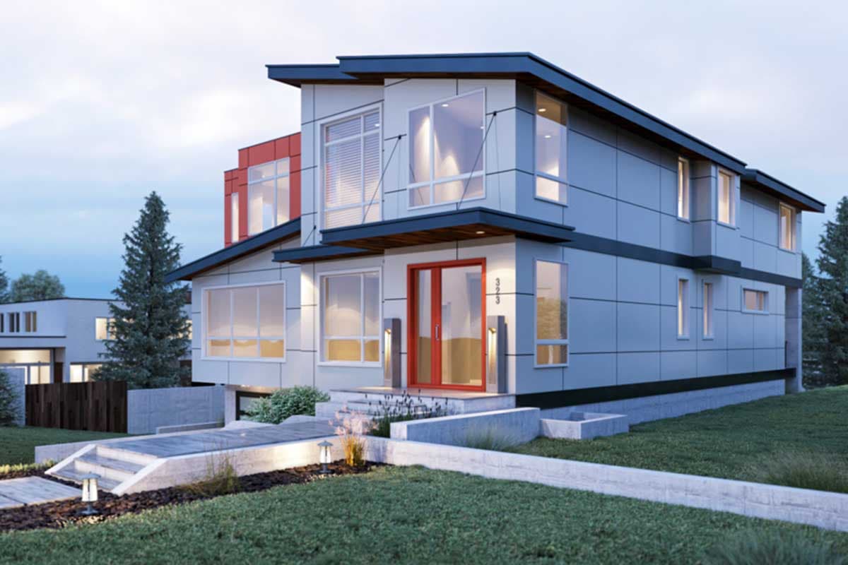 Modern house plan exterior with stacked volumes, sharp rooflines, large windows, and a prominent red entry.