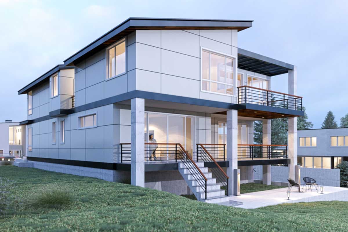 Modern house plan exterior with two stories, cantilevered upper level, and expansive balconies.