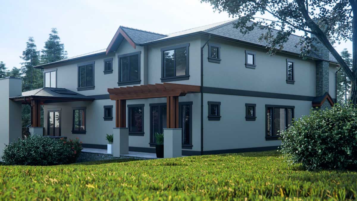 Two-story house plan exterior with a stucco finish, gabled dormer, covered entry with columns, and stone chimney.