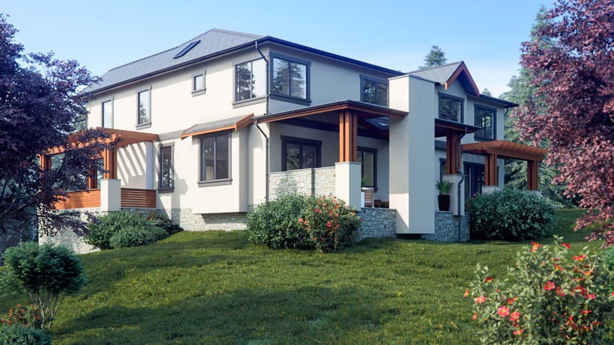House plan exterior of a two-story home with a covered porch, stone accents, and a pergola.