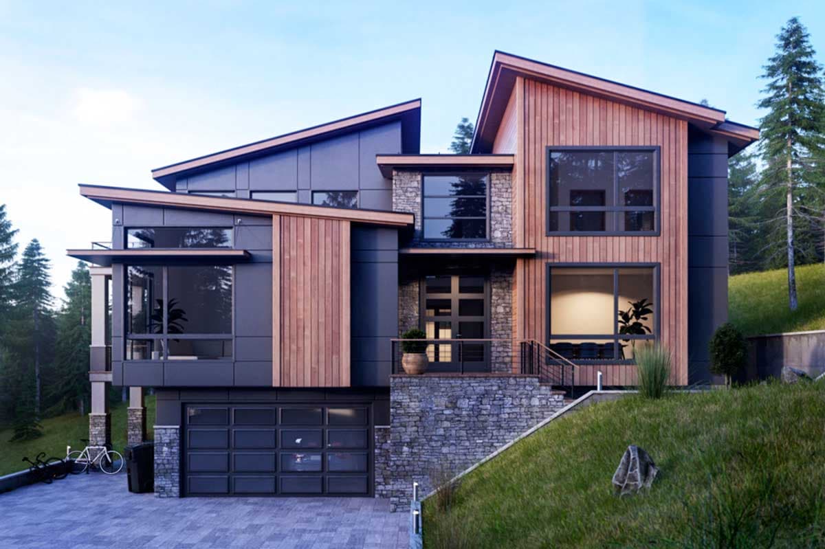 House plan exterior with modern design. Features include wood siding, stone accents, and an integrated garage. Two-story structure with a sloped roof.