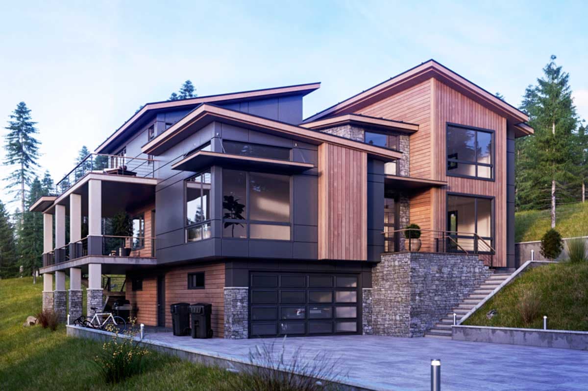 Modern house plan exterior with multiple levels, cantilevered sections, wood and stone facade, and large windows.