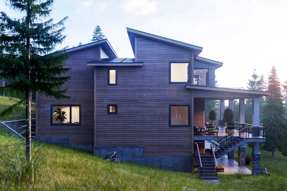 Modern house plan exterior with wood siding, asymmetric rooflines, large windows, and covered porch with stairs.