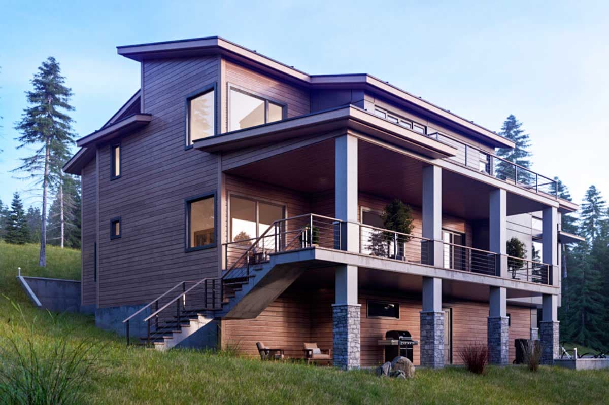 Modern house plan exterior with multiple levels, covered decks, prominent gables, and large windows.
