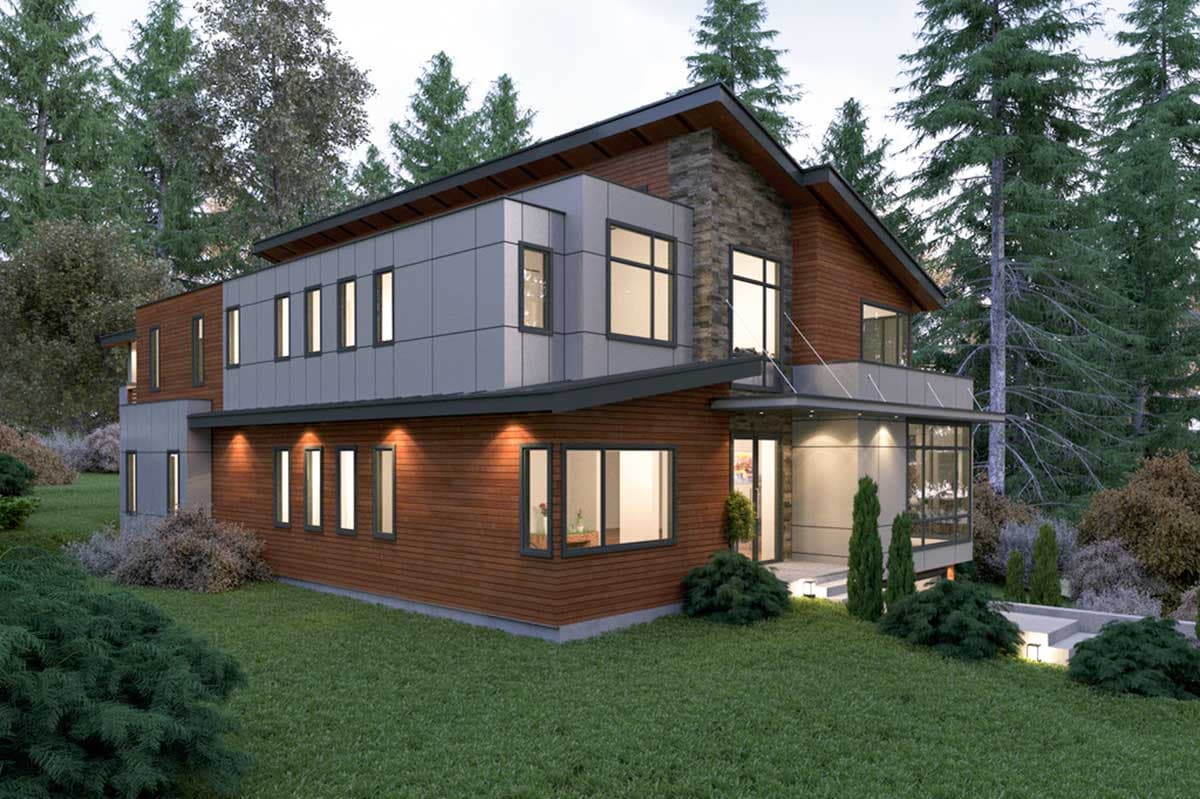 Modern house plan exterior, two stories, wood siding, stone accents, metal panels, multiple windows, and covered entry.