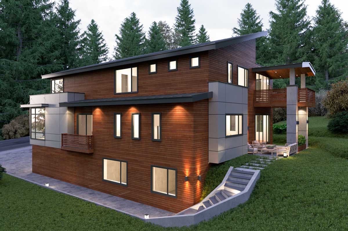 Modern two-story house plan exterior with wood siding, mixed materials, multiple balconies, and a sloped roof.