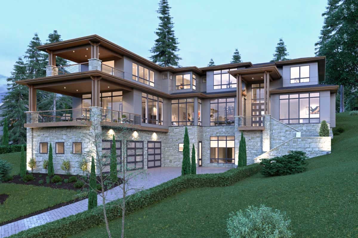 House plan exterior with two stories. Features include a stone facade, covered balconies with railings, and a three-car garage.