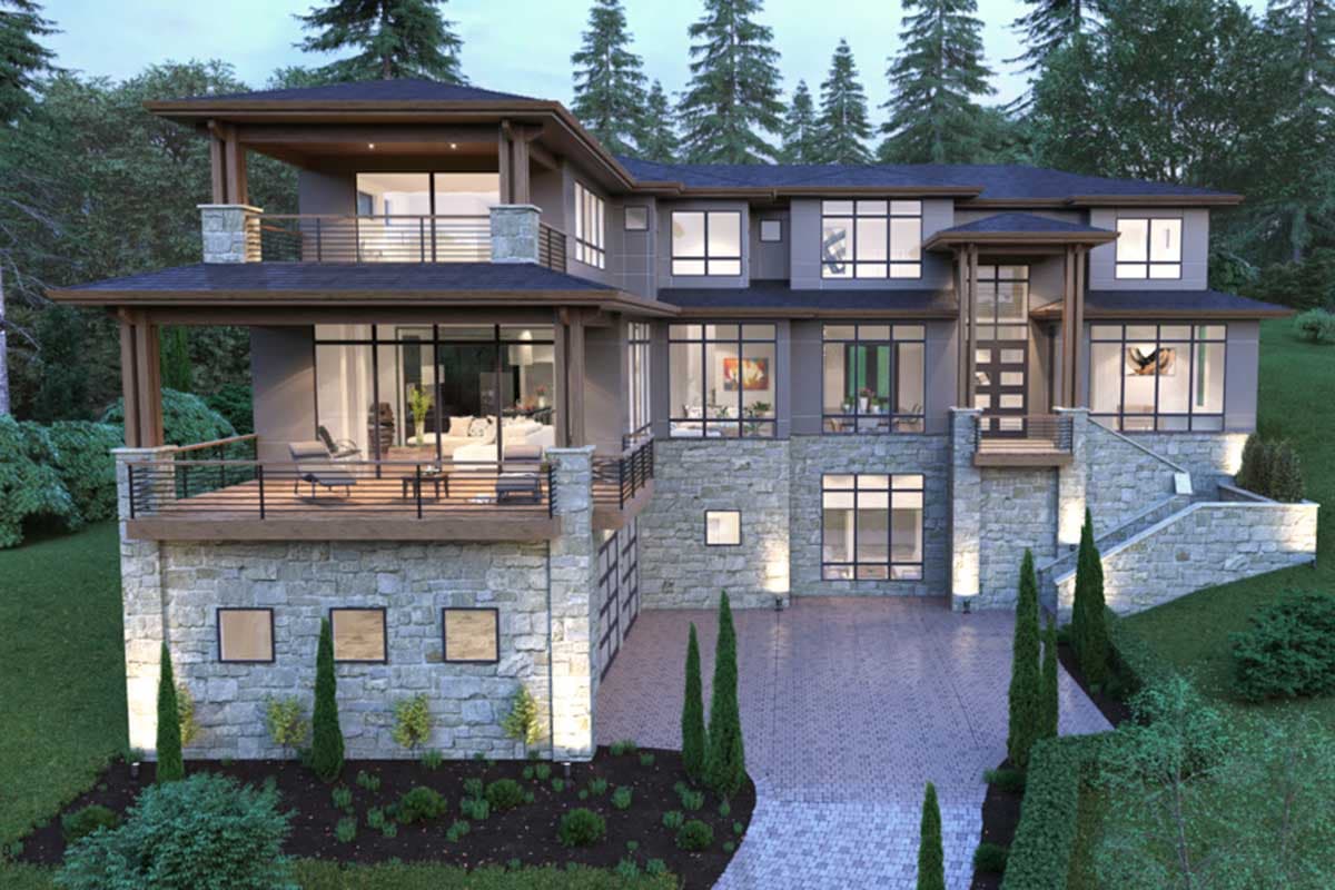 Modern house plan exterior with stone facade, multiple balconies, and large windows across three stories.