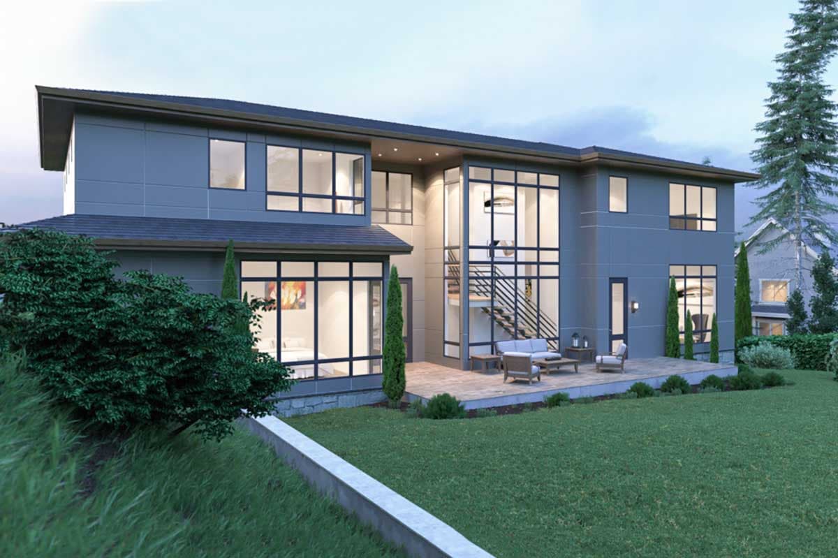 Modern house plan exterior with gray siding, multiple gables, and expansive floor-to-ceiling windows.