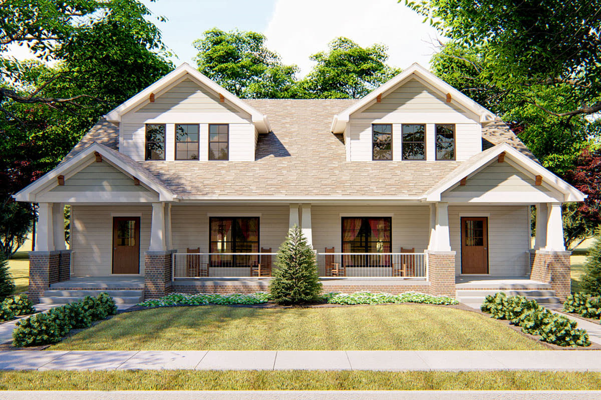House plan exterior. Two-story Craftsman home with gabled roof, front porch with columns, and dormers. Features brick accents.