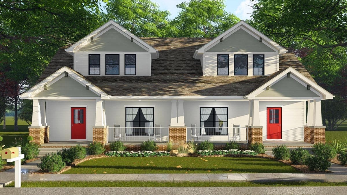 Two-story Modern Farmhouse plan exterior with symmetrical gables, dual red doors, and covered front porches.