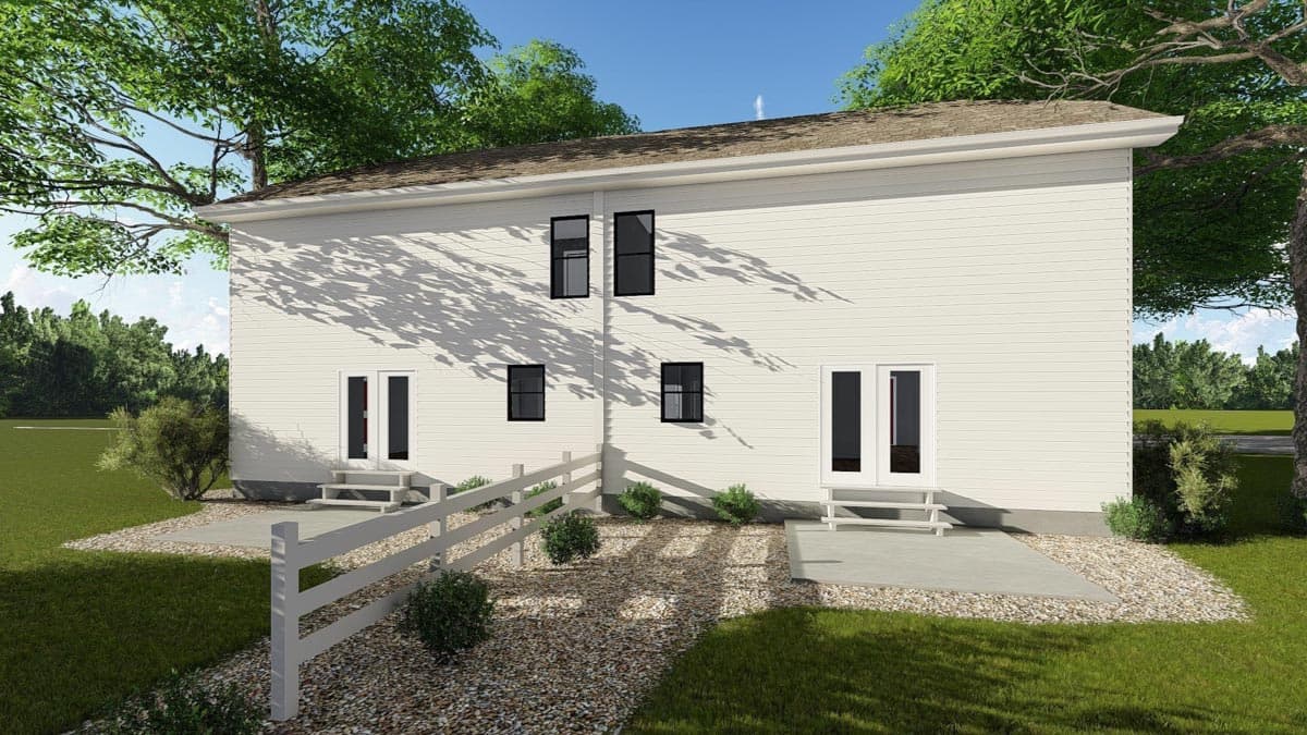 House plan exterior view of a two-story home with white siding, dual doors, and modern rectangular windows.