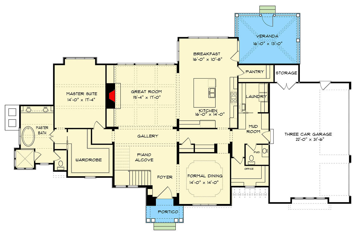 Plan 93097EL: Luxury House Plan with Two Home Offices and a Covered Veranda  - Floor Plan - Main Level - European, French Country