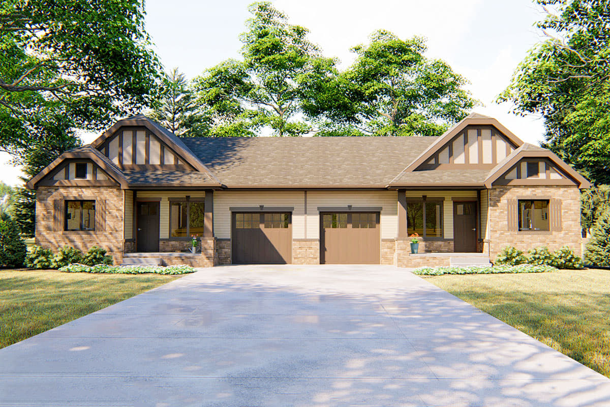 House plan exterior. Craftsman style, single-story home with gables, stone accents, and a two-car garage.