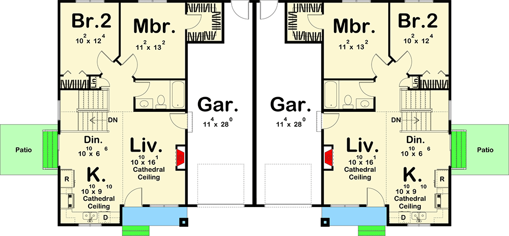 Plan 62734DJ: Charming Cottage-Style Duplex with Matching 2-Bed Units - Floor Plan - Main Level