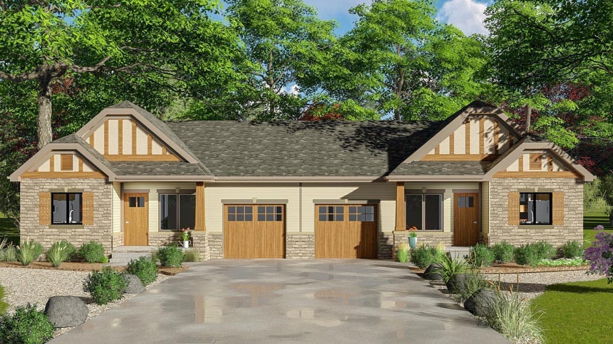 House plan exterior: This symmetrical two-story duplex features stone accents, gable dormers, and a dual garage.