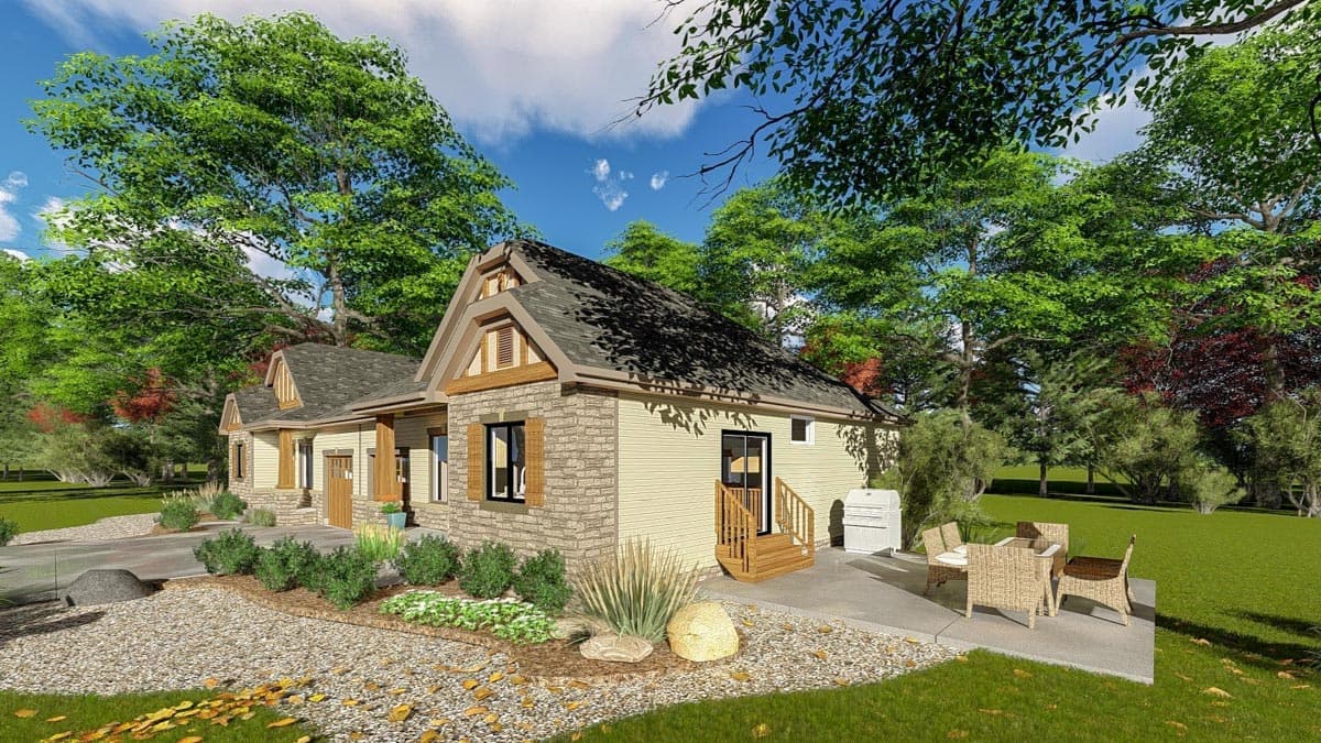 House plan exterior featuring a two-story design with stone accents, prominent gables, and a covered front porch.