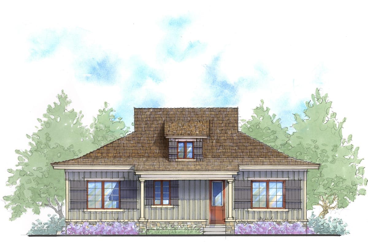 House plan exterior featuring a Craftsman style with a single story, a front porch, a gabled roof, and a dormer window.