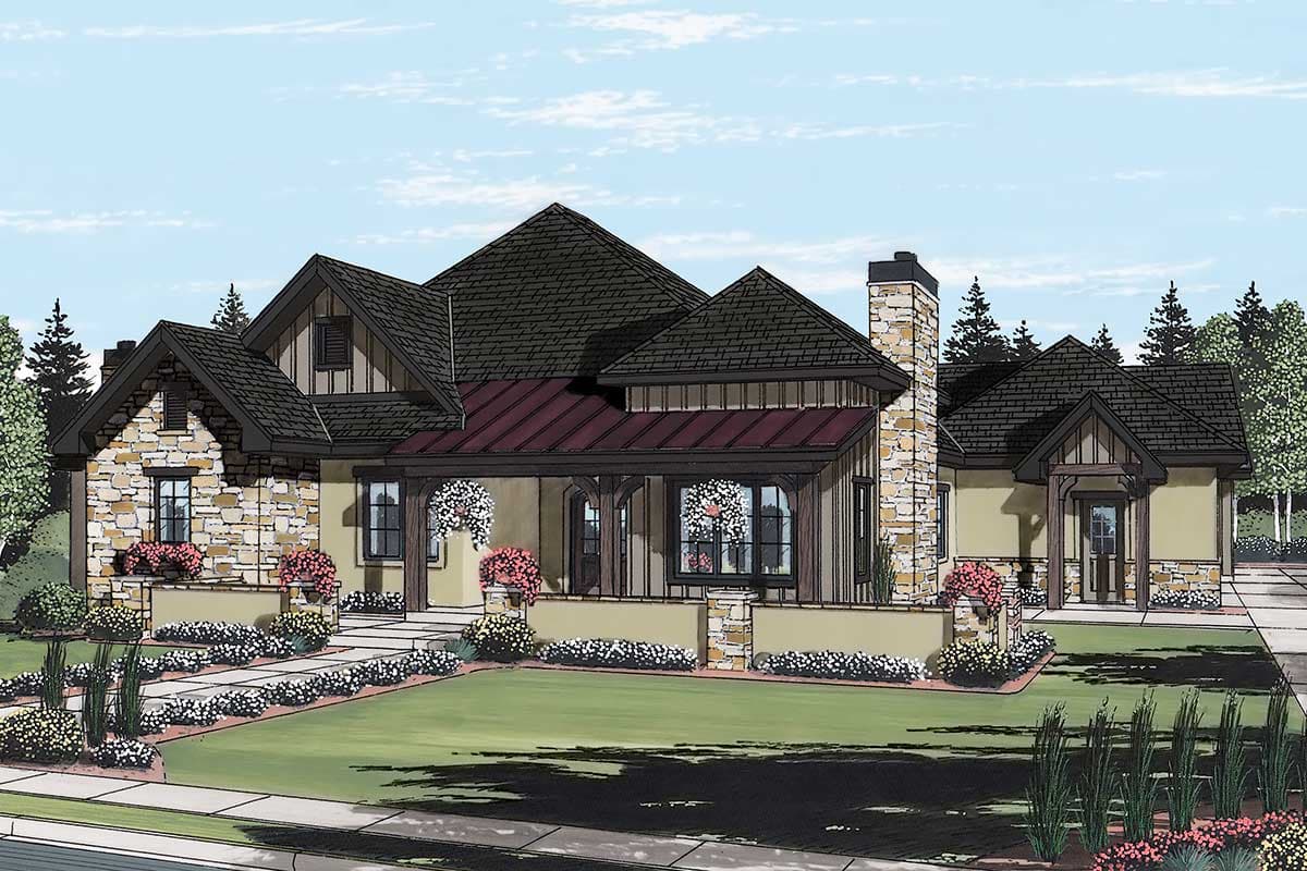 House plan exterior. Craftsman style with a stone facade, gabled roof, and covered porch with decorative beams and columns.