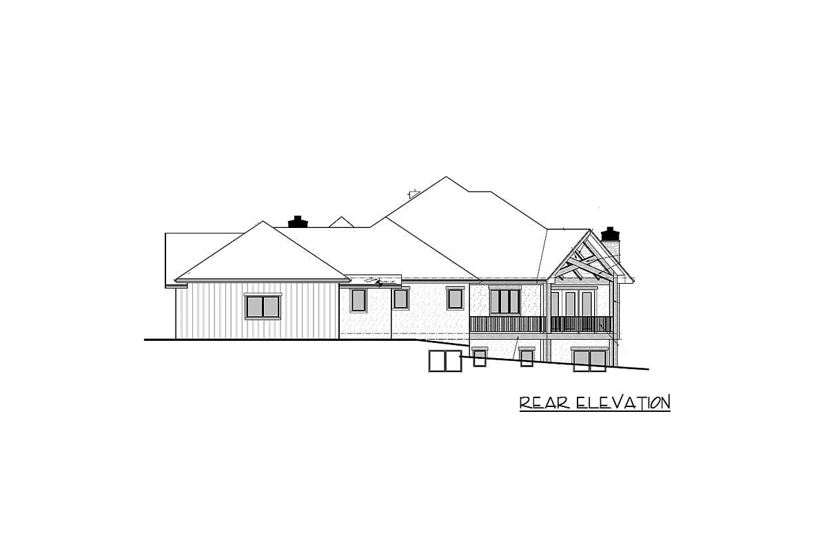 Rear elevation of a house plan showing multiple gables, a second-story deck, and exposed rafter tails.