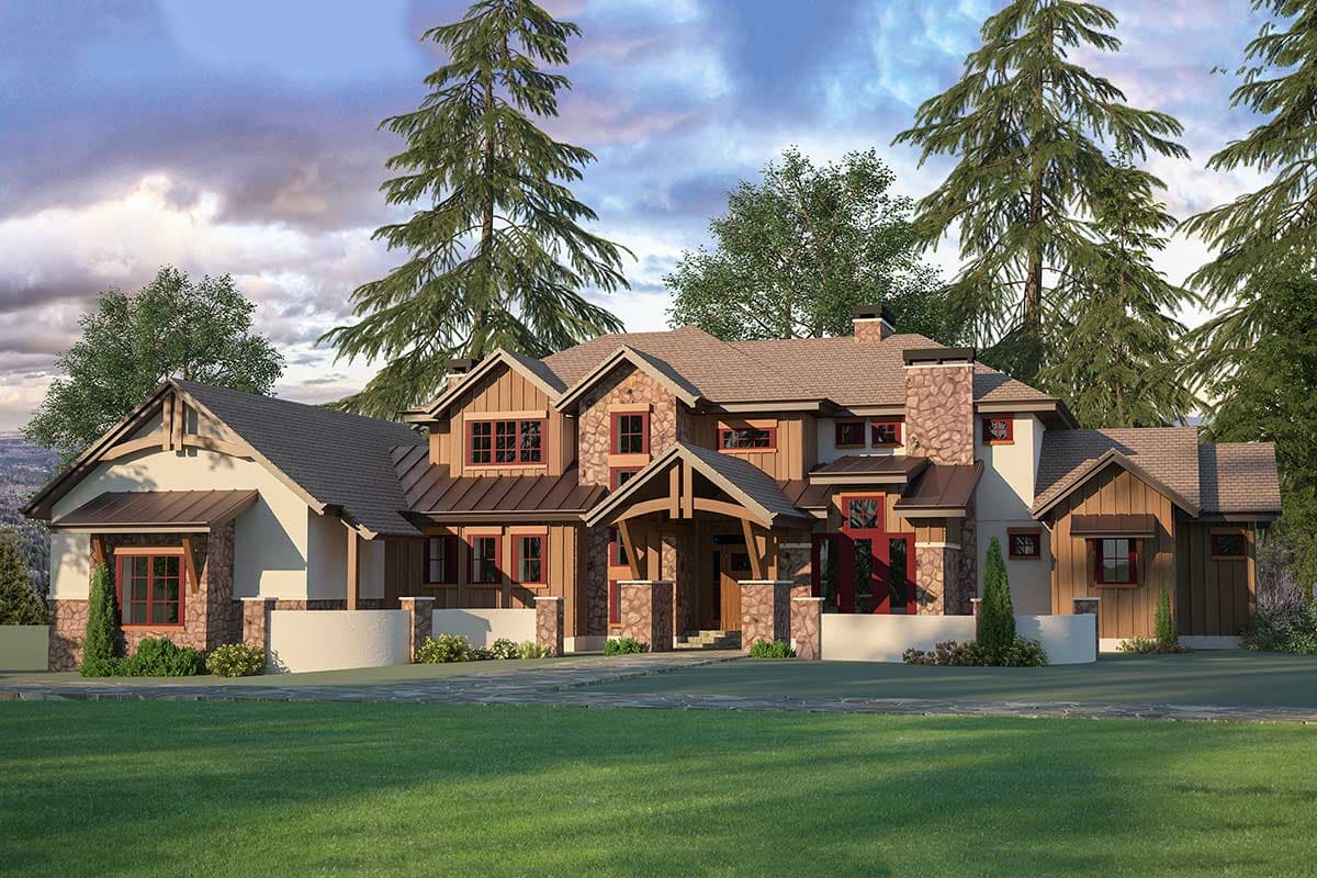 House plan exterior. Craftsman style, two-story home with stone accents, covered porch, multiple gables, and a prominent chimney.