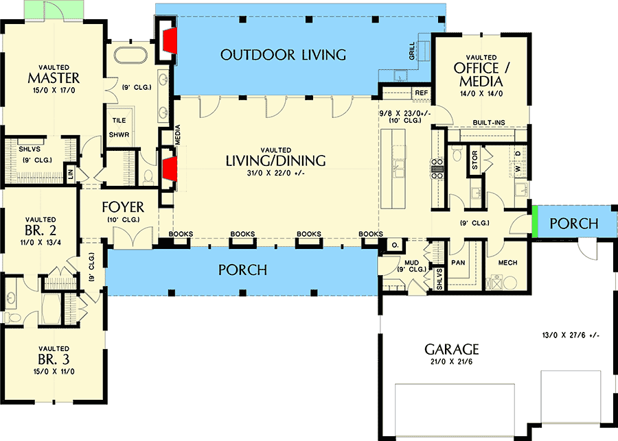 Plan 69690AM: Bright and Open Modern Farmhouse House Plan - 2798 Sq Ft - Floor Plan - Main Level - Country, Farmhouse, Modern Farmhouse, New American, Northwest, Ranch