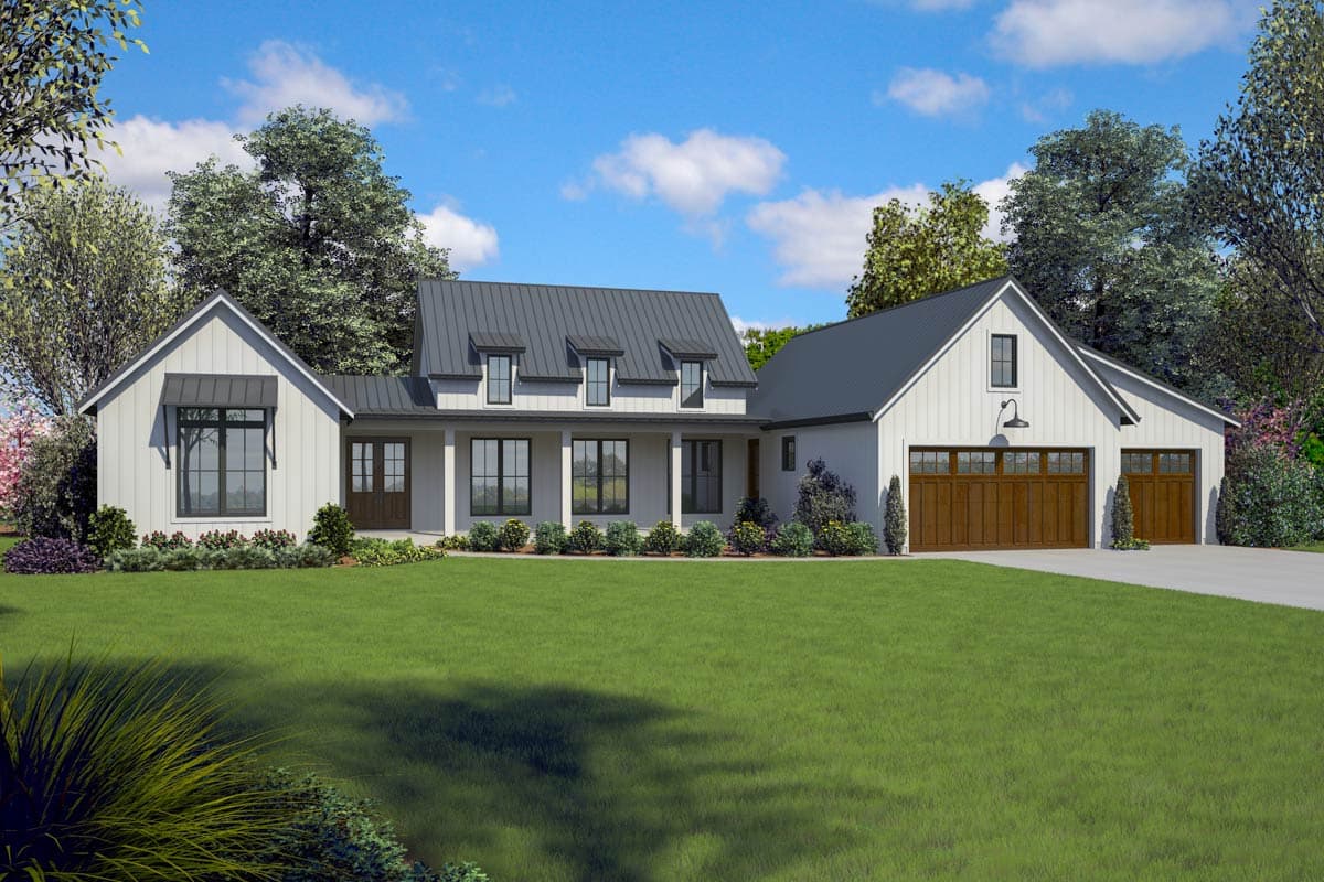 Modern Farmhouse house plan exterior, 1.5 stories, with a covered front porch, metal roof, dormers, and a three-car garage.