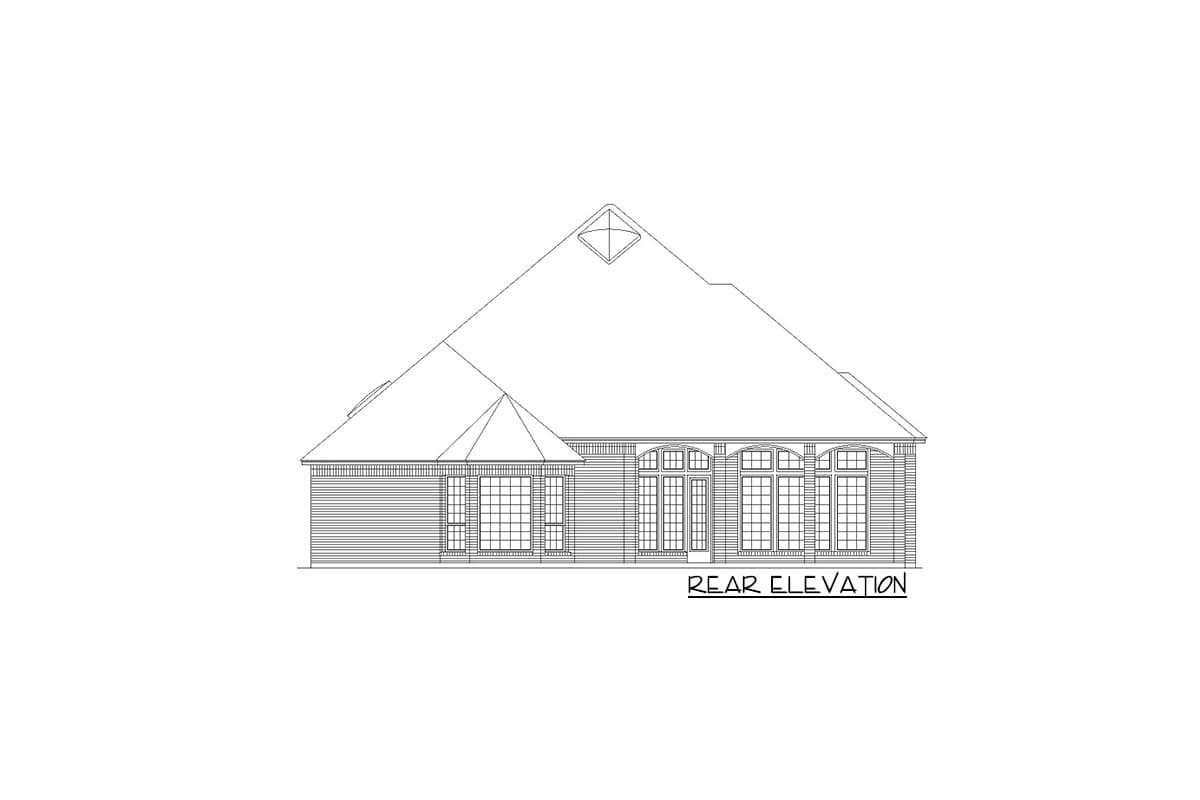 Rear elevation drawing of a house plan showing a long central section of arched windows and doors, with a bay window to the left.