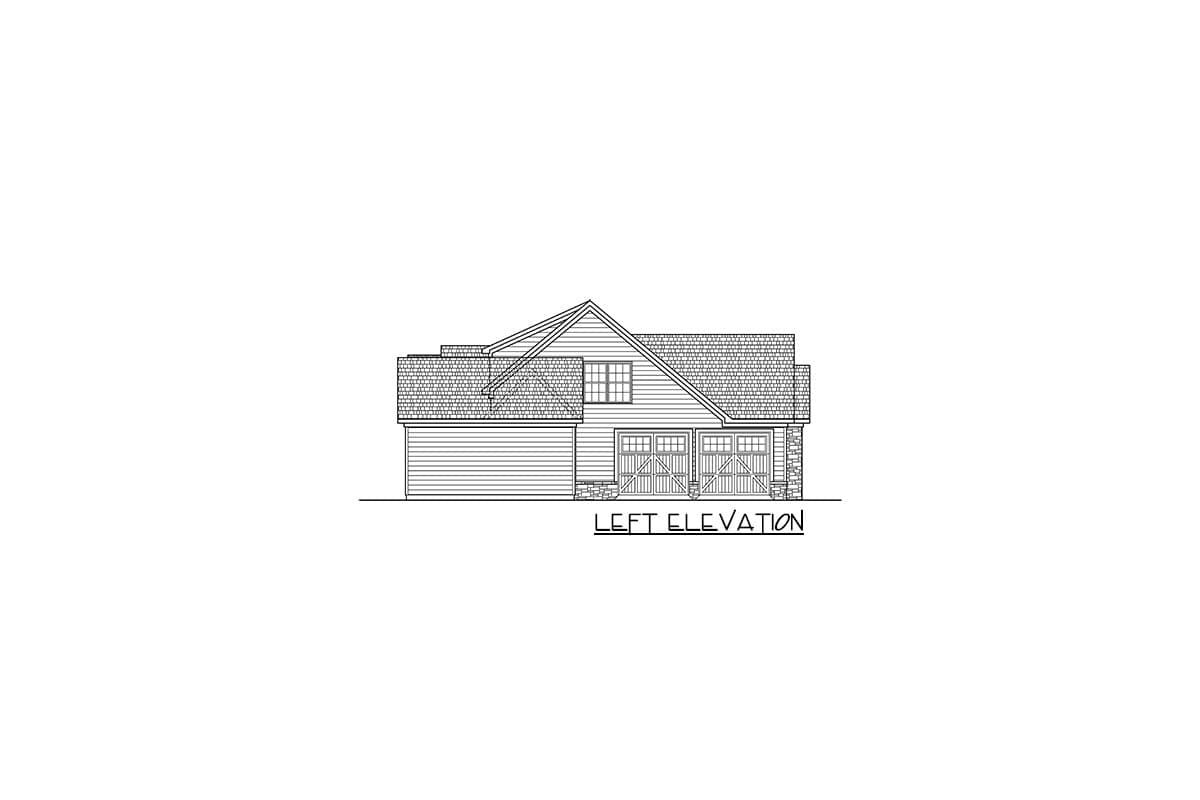 Left elevation drawing of a house plan featuring a two-car garage with stone accents, horizontal siding, and multiple gables.