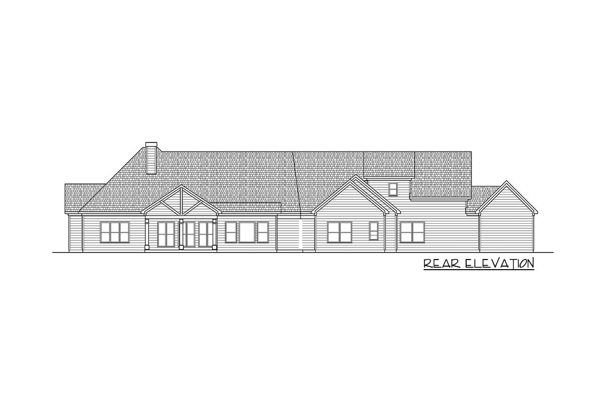 Rear elevation house plan with covered entryway, multiple gables, and various window styles.