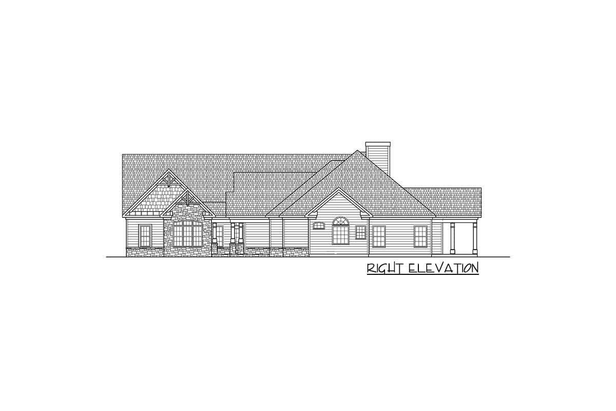Right elevation drawing of a house plan featuring multiple gables, stone accents, and a covered porch.