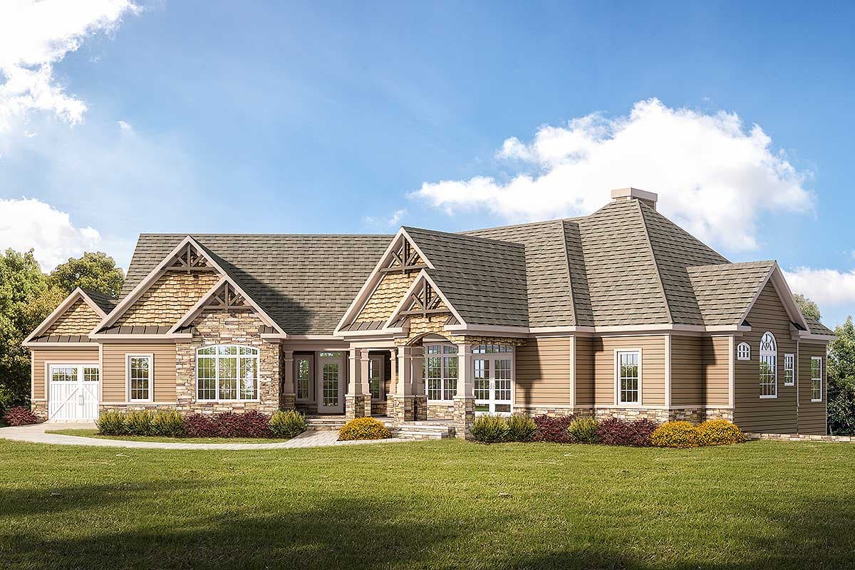 House plan exterior with Craftsman style, multiple gables, stone accents, and covered porch.