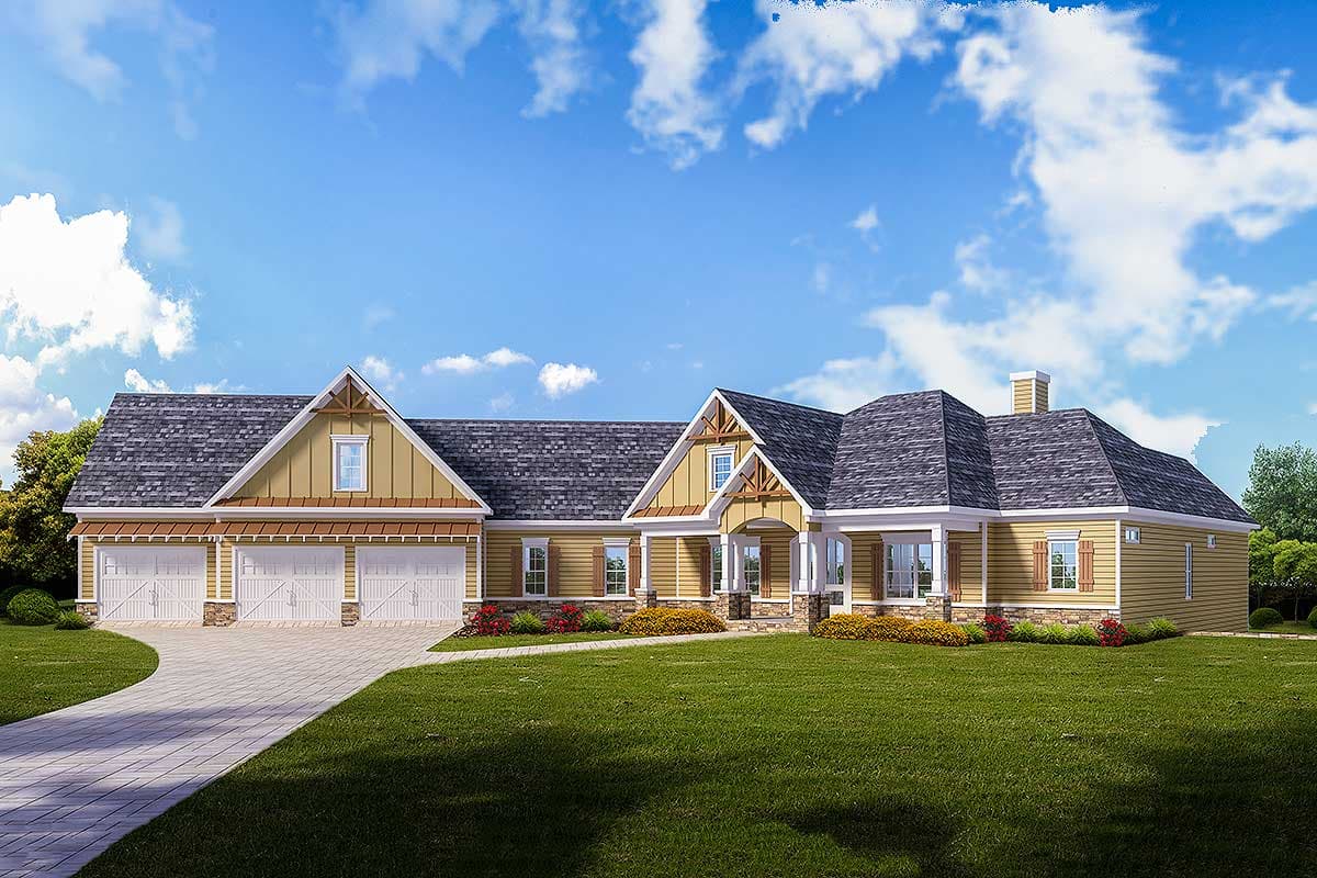 House plan exterior with Craftsman style, featuring a three-car garage, multiple gables, and a front porch with columns.