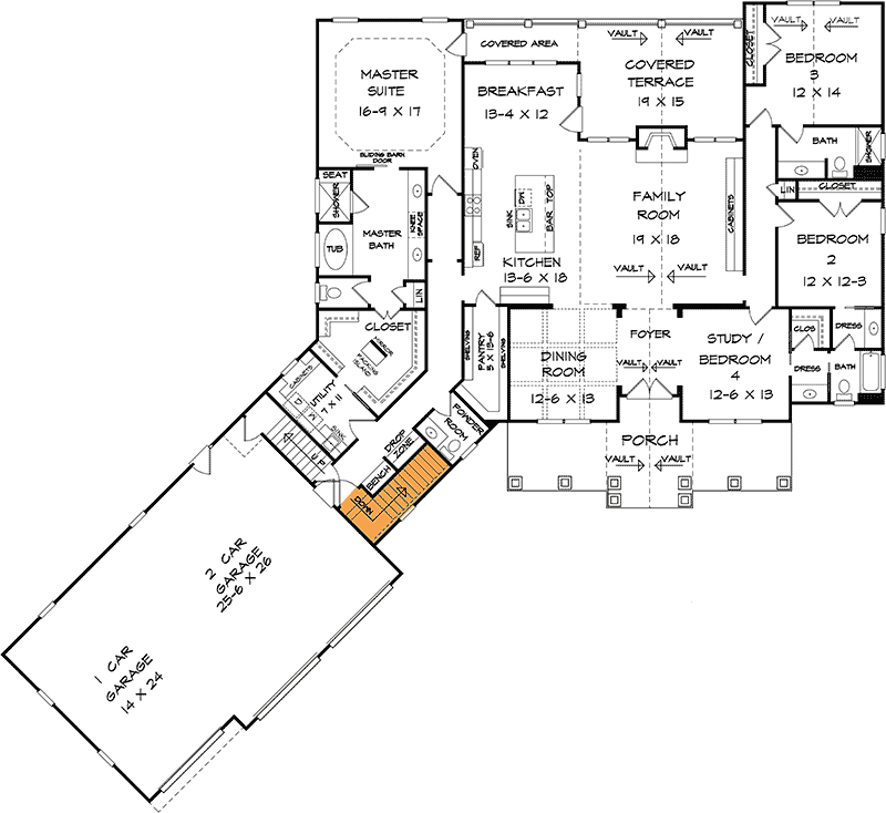 Plan 360011DK: Country Craftsman Home Plan with 3-Car Angled Garage - Floor Plan - Basement Stairs - Country