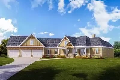 Country Craftsman Home Plan with 3-Car Angled Garage