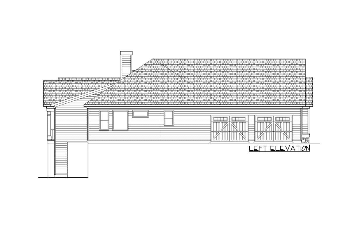 Left elevation house plan with a gabled roof, three garage doors, and a chimney.