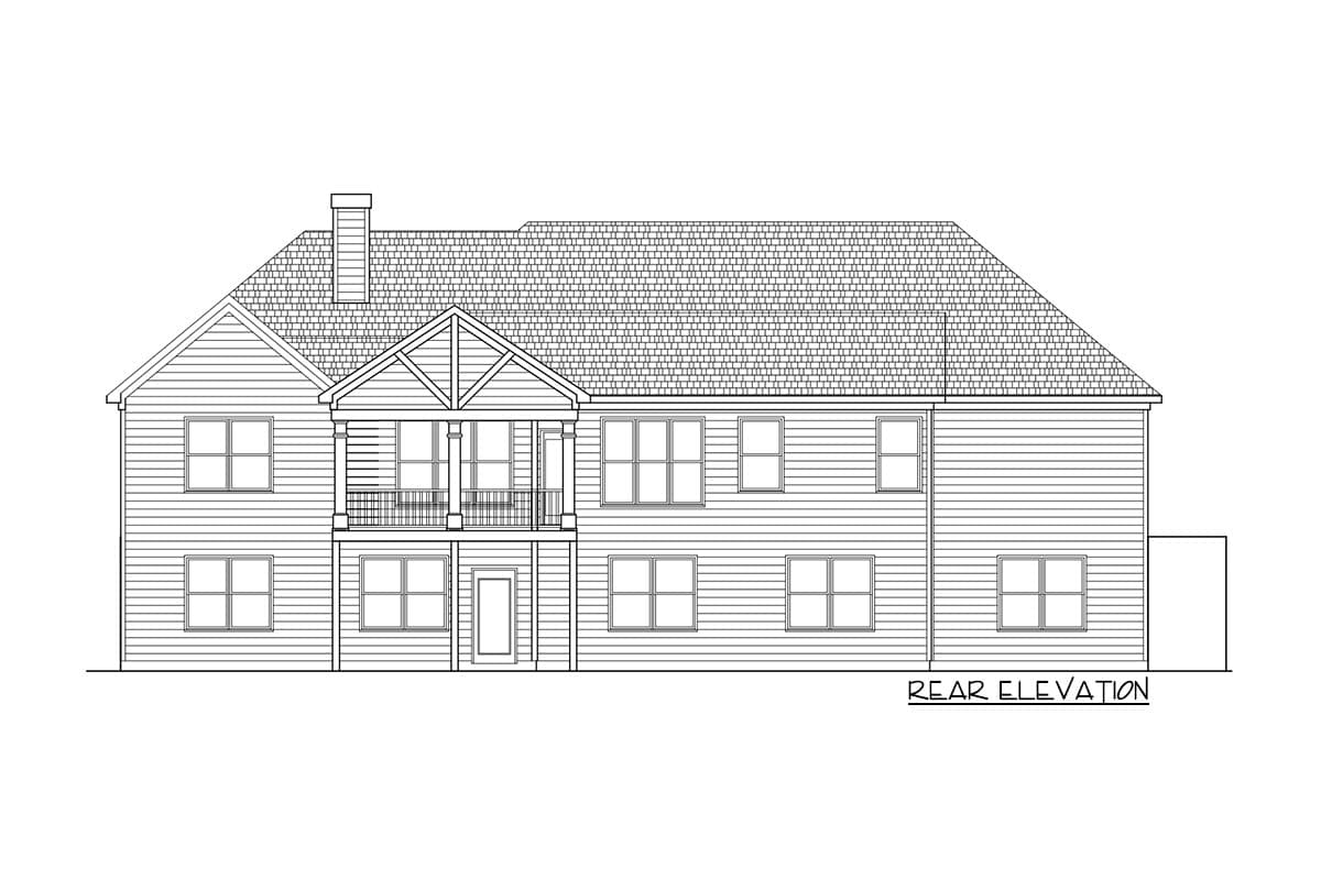 Rear elevation drawing of a two-story house plan with a gable, two-story porch, and numerous windows.