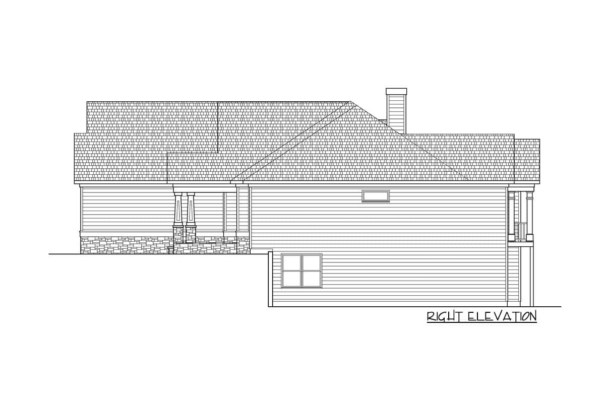 Floor plan drawing, right elevation of a house with a covered porch, gabled roof, and chimney.