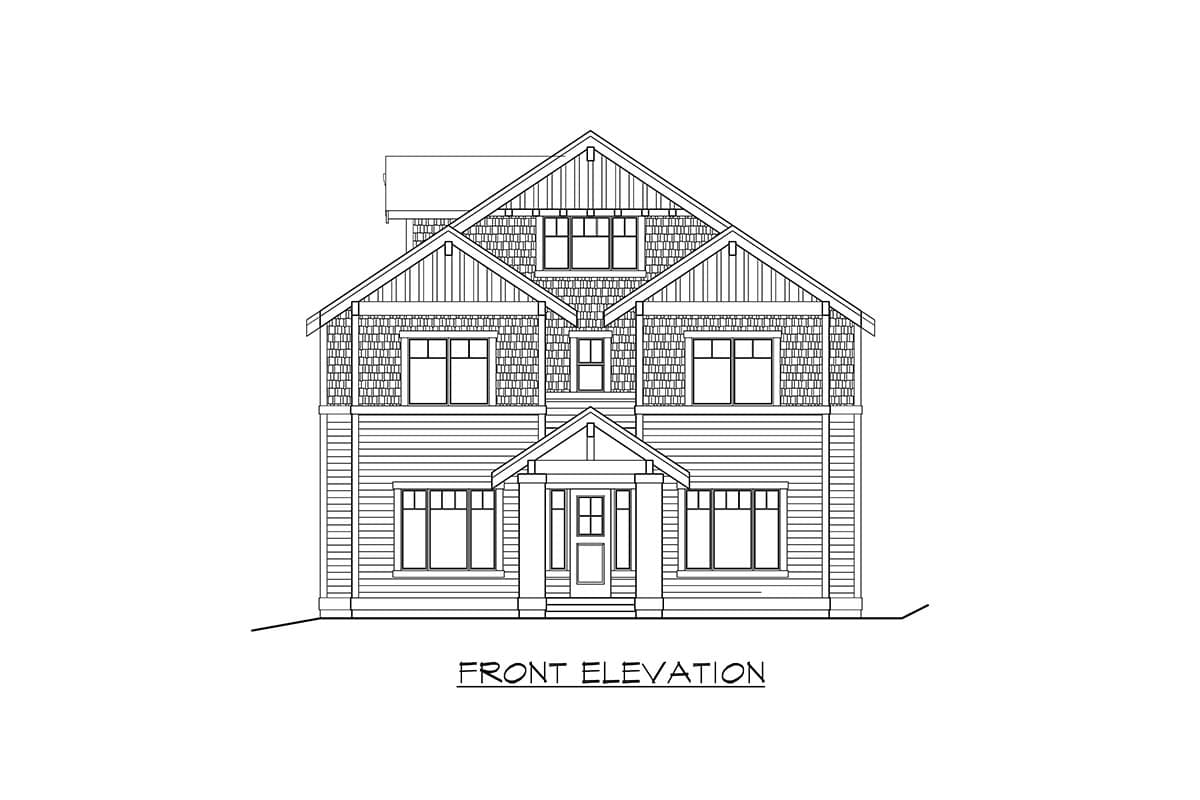 Front elevation drawing of a two-story house with multiple gables, dormers, and a covered entry.