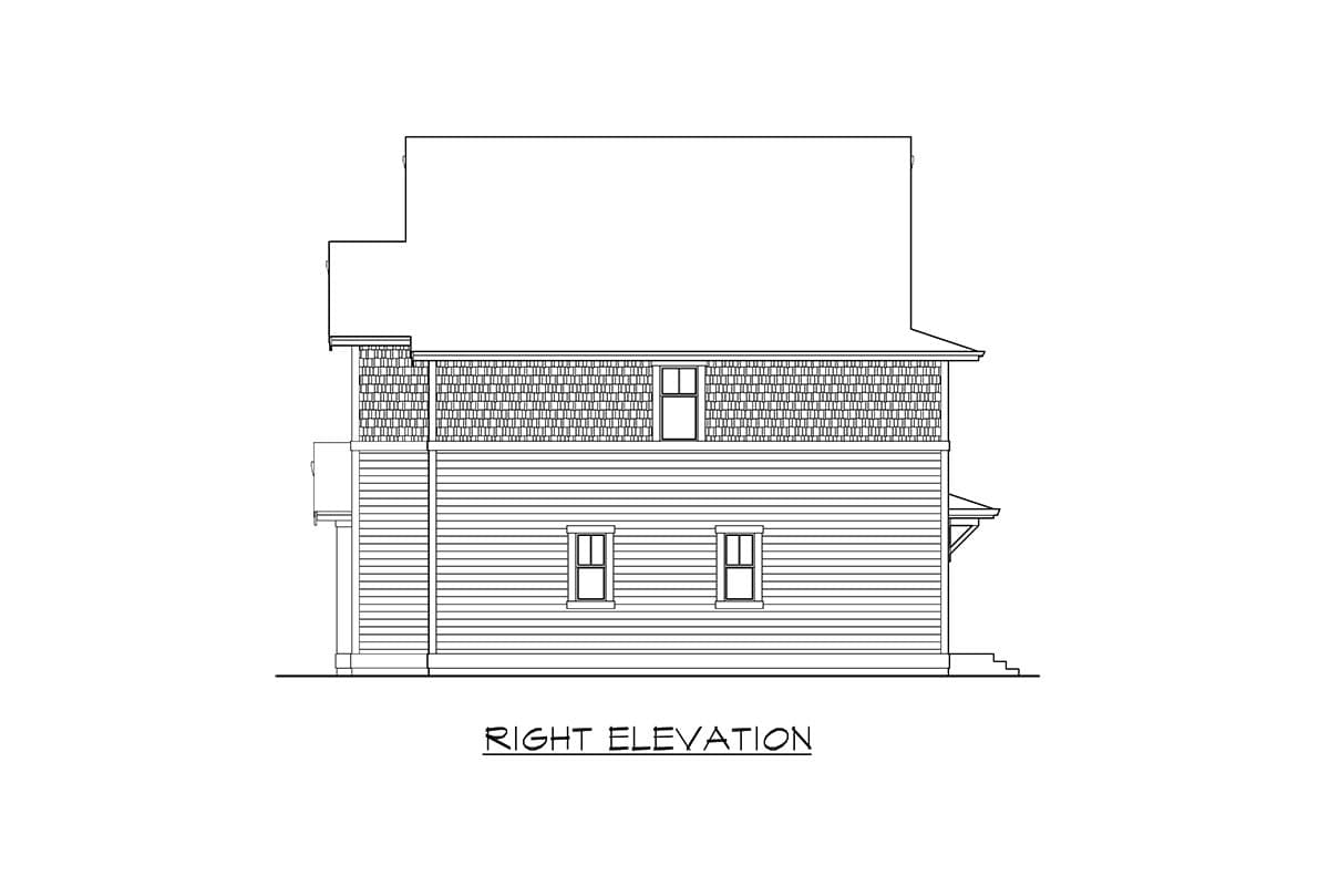 Right elevation drawing of a two-story house plan with horizontal siding and shingled upper story, showing two windows on main level and one above.