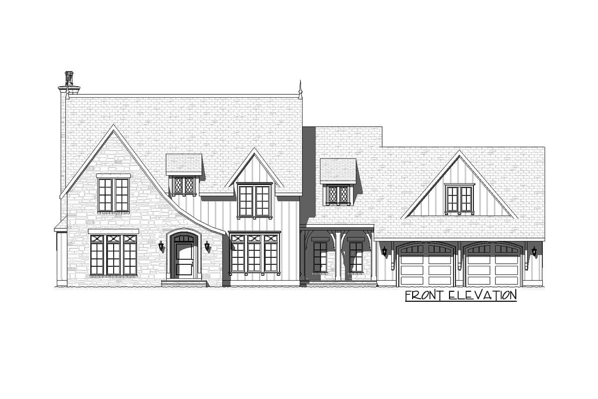 Front elevation house plan with stone facade, steep gables, dormers, arched entryway, and triple garage.