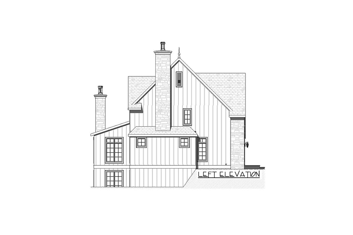 Left elevation house plan drawing with stone chimneys, gabled rooflines, and multi-pane windows.