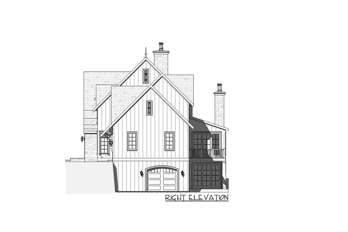 Right elevation of a house plan showing multiple gables, dormers, chimneys, a garage door, and a balcony.