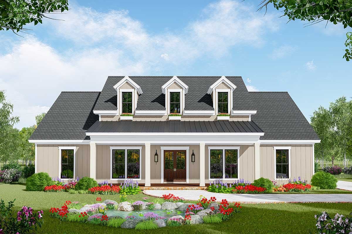 House plan exterior featuring a one-story, farmhouse-style design. Key features include a front porch, dormers, and a gabled roofline.