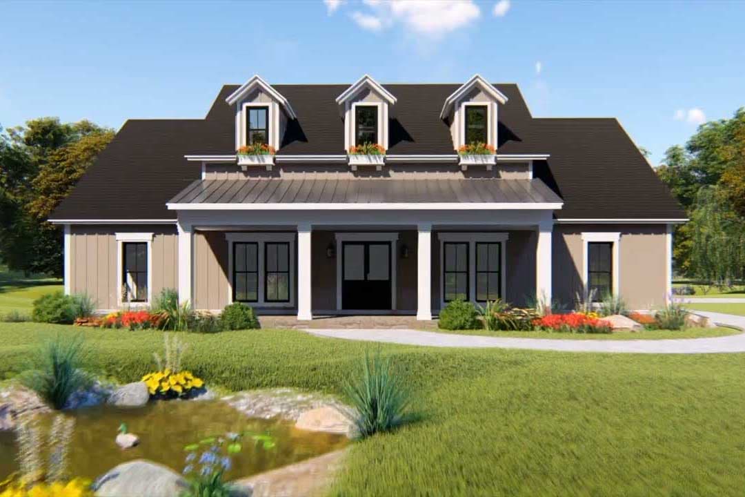 House plan exterior: Modern Farmhouse style, one-story, with a covered porch, three dormers, and a metal roof.