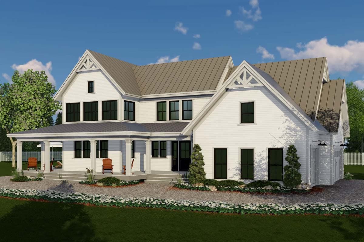 Modern Farmhouse house plan exterior with wrap-around porch, gables, and attached garage.